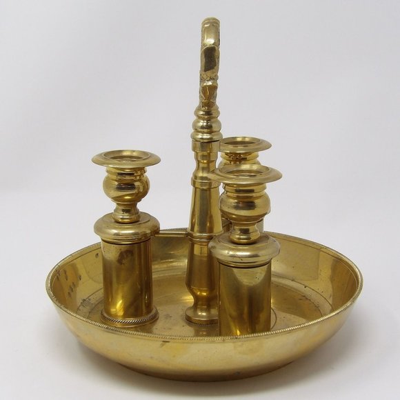 Vintage Neiman Marcus Brass Candlestick Holder Trio Candelabra with Handle Heavy - Picture 3 of 10